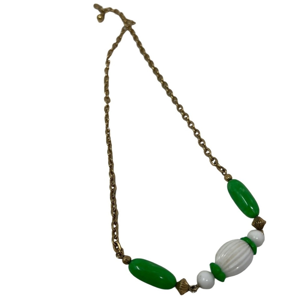Vintage Avon Necklace Green and White‎ Acrylic Beads Gold Tone Come Summer